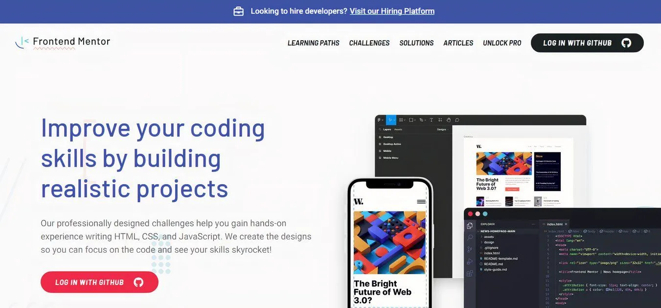Trang thử thách Frontend Mentor, nơi người học thực hành phát triển giao diện người dùng và xây dựng portfolio dự án web thực tế.