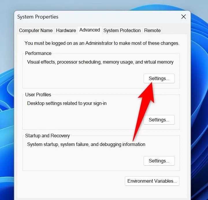 Truy cập cài đặt hiệu suất trong Advanced System Settings của Windows 11
