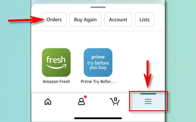 Truy cập mục &quot;Đơn hàng&quot; từ menu chính của ứng dụng di động Amazon để xem lịch sử mua hàng.