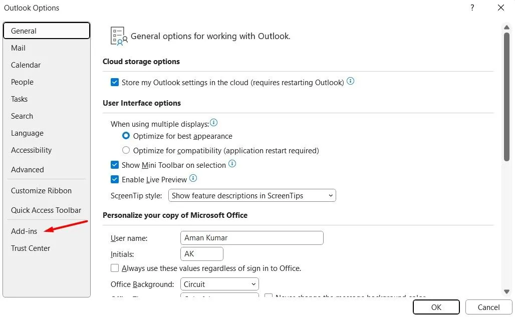 Tùy chọn Add-ins trong cửa sổ Options của Outlook.