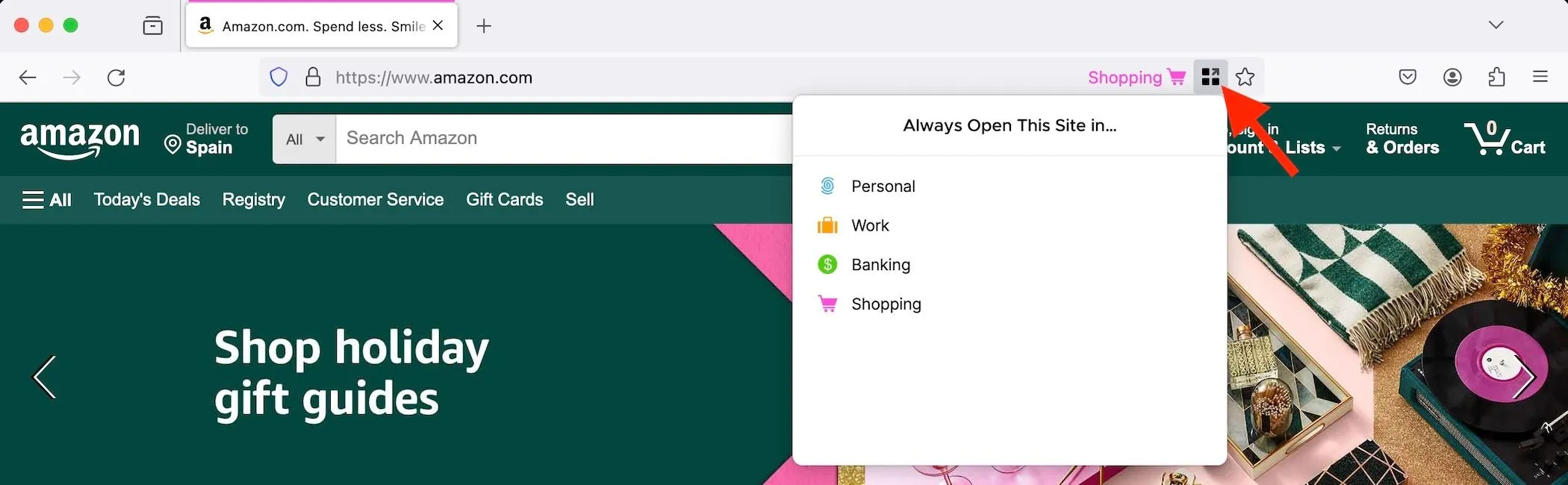 Tùy chọn &quot;Always Open This Site In&quot; để tự động mở website trong Container đã chọn