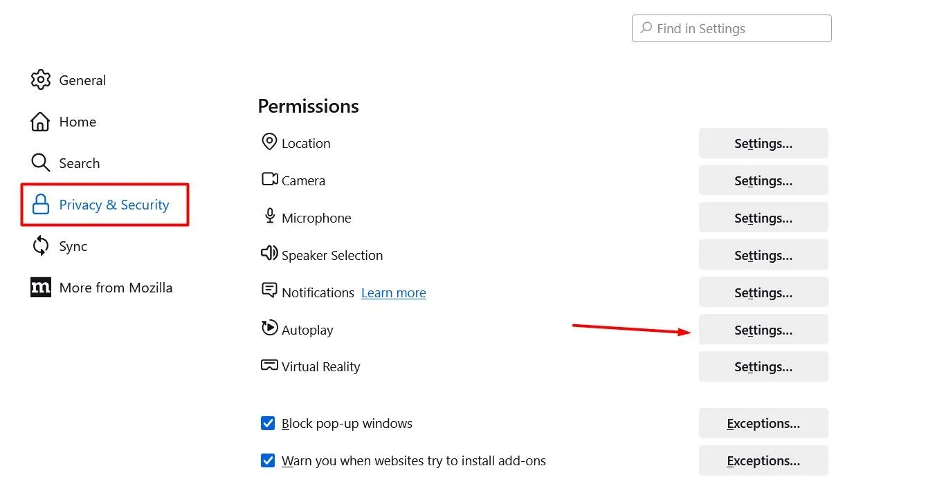 Tùy chọn cài đặt tự động phát video trong menu Cài đặt của Firefox