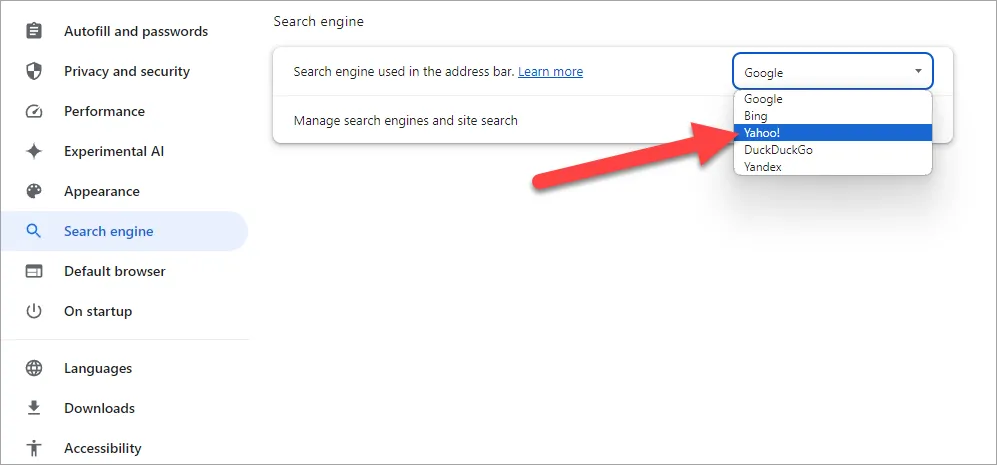 Tùy chọn công cụ tìm kiếm mặc định trên Chrome PC.
