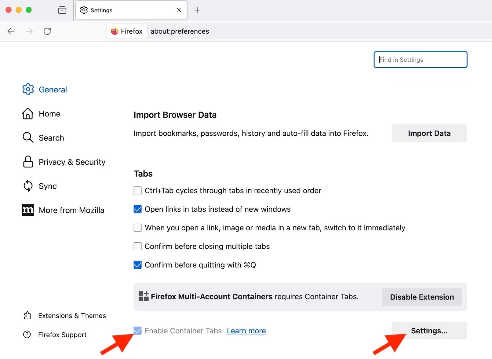 Tùy chọn &quot;Enable Container Tabs&quot; trong cài đặt chung của Firefox