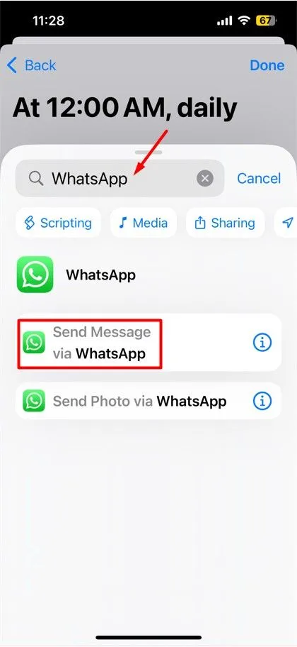 Tùy chọn gửi tin nhắn qua WhatsApp trong Phím tắt