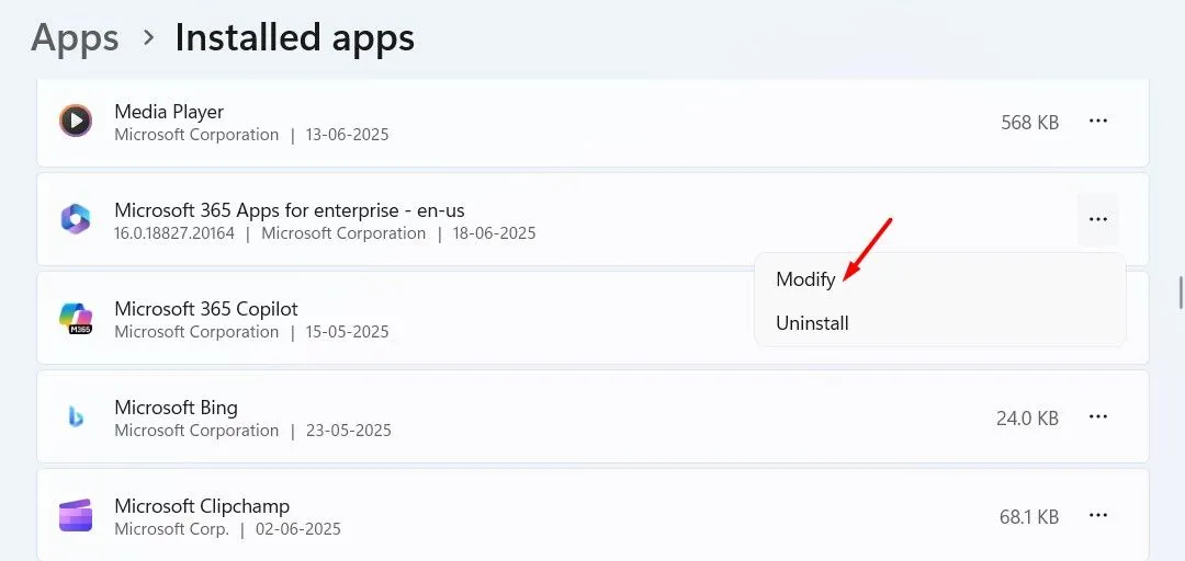 Tùy chọn Modify cho Microsoft 365 Apps trong Settings.