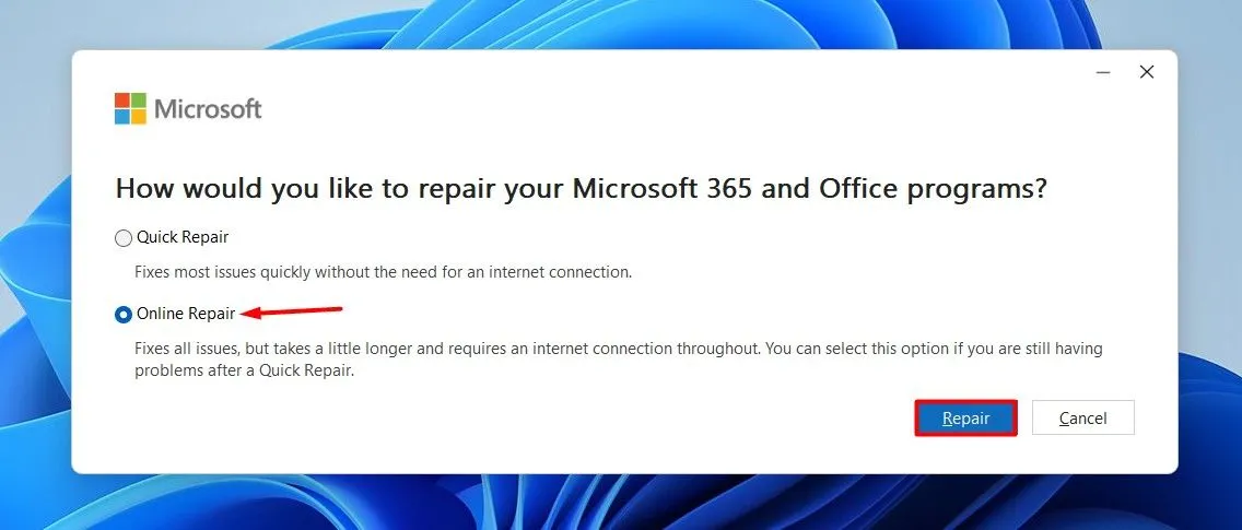 Tùy chọn Online Repair trong cửa sổ sửa chữa ứng dụng Microsoft Office.