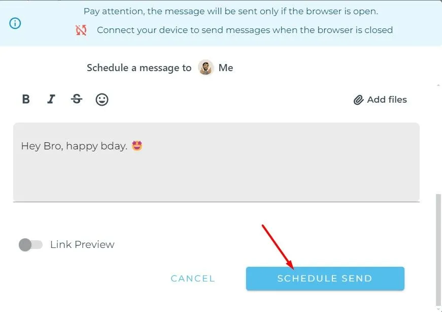 Tùy chọn Schedule Send trong WhatsApp Web với Blueticks