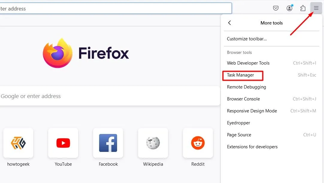 Tùy chọn Trình quản lý tác vụ trong menu của Firefox