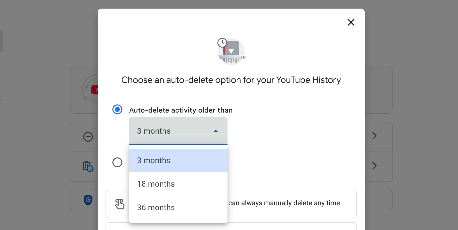 Tùy chọn tự động xóa lịch sử xem YouTube sau 3 tháng, 18 tháng hoặc 36 tháng.