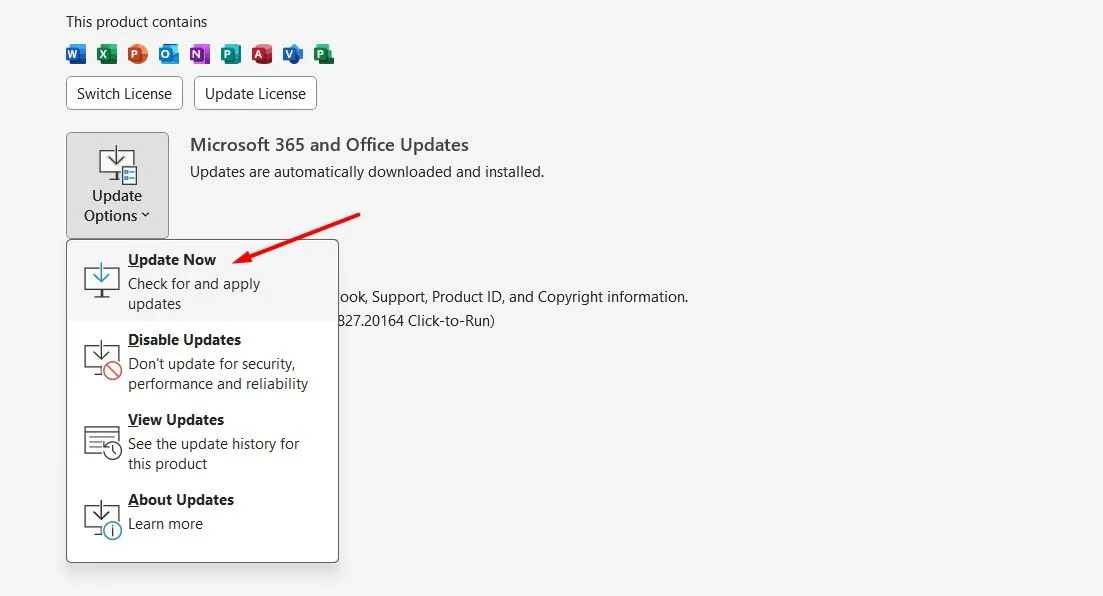Tùy chọn Update Now trong cửa sổ Office Account của Outlook.
