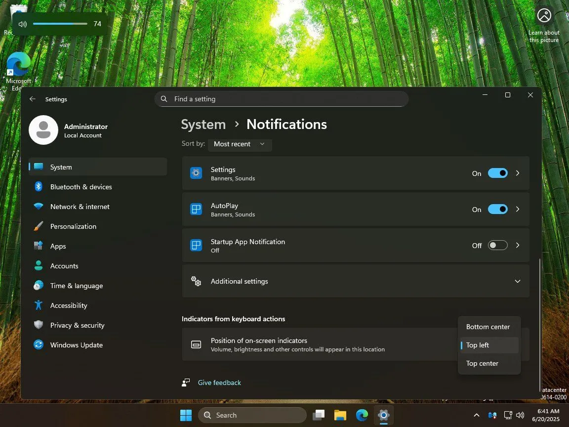 Tùy chọn vị trí biểu tượng âm lượng và độ sáng trong cài đặt Windows 11