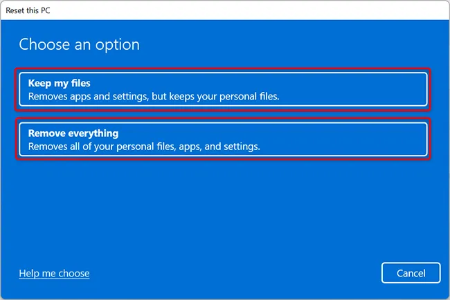 Tùy chọn xóa file khi khôi phục cài đặt gốc Windows