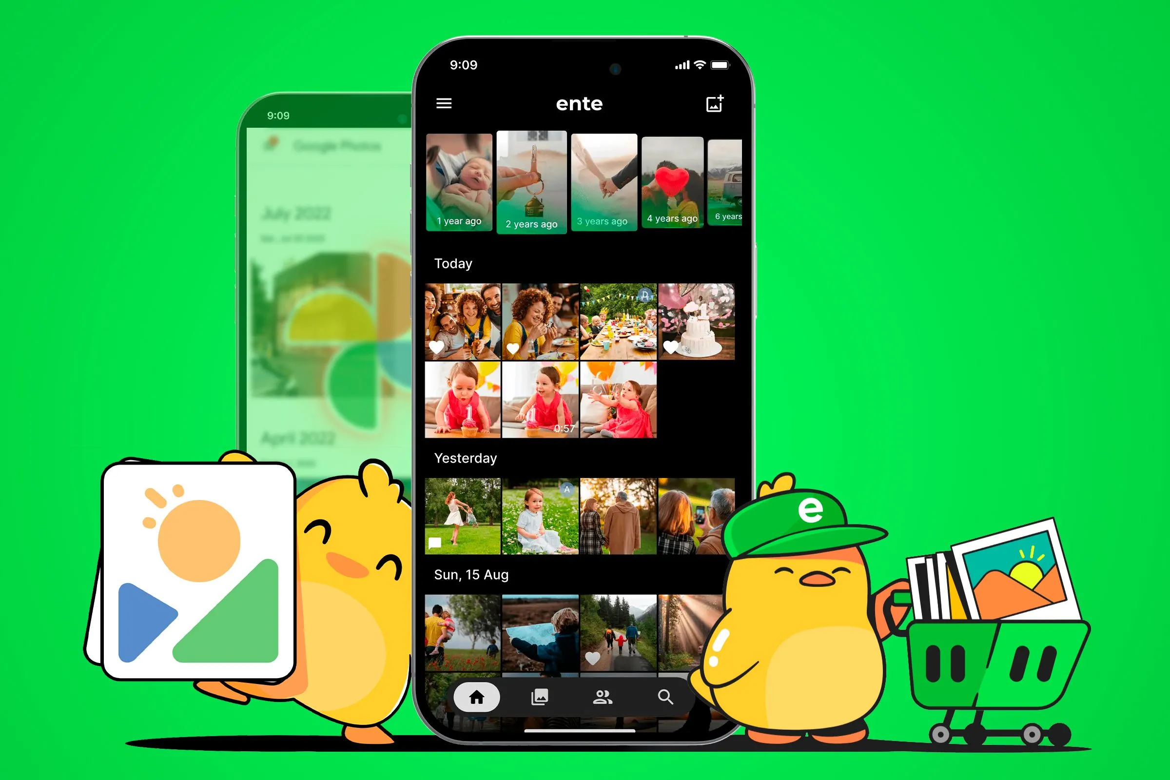 Ứng dụng Ente trên điện thoại cạnh biểu tượng Google Photos mờ, thể hiện sự thay thế an toàn