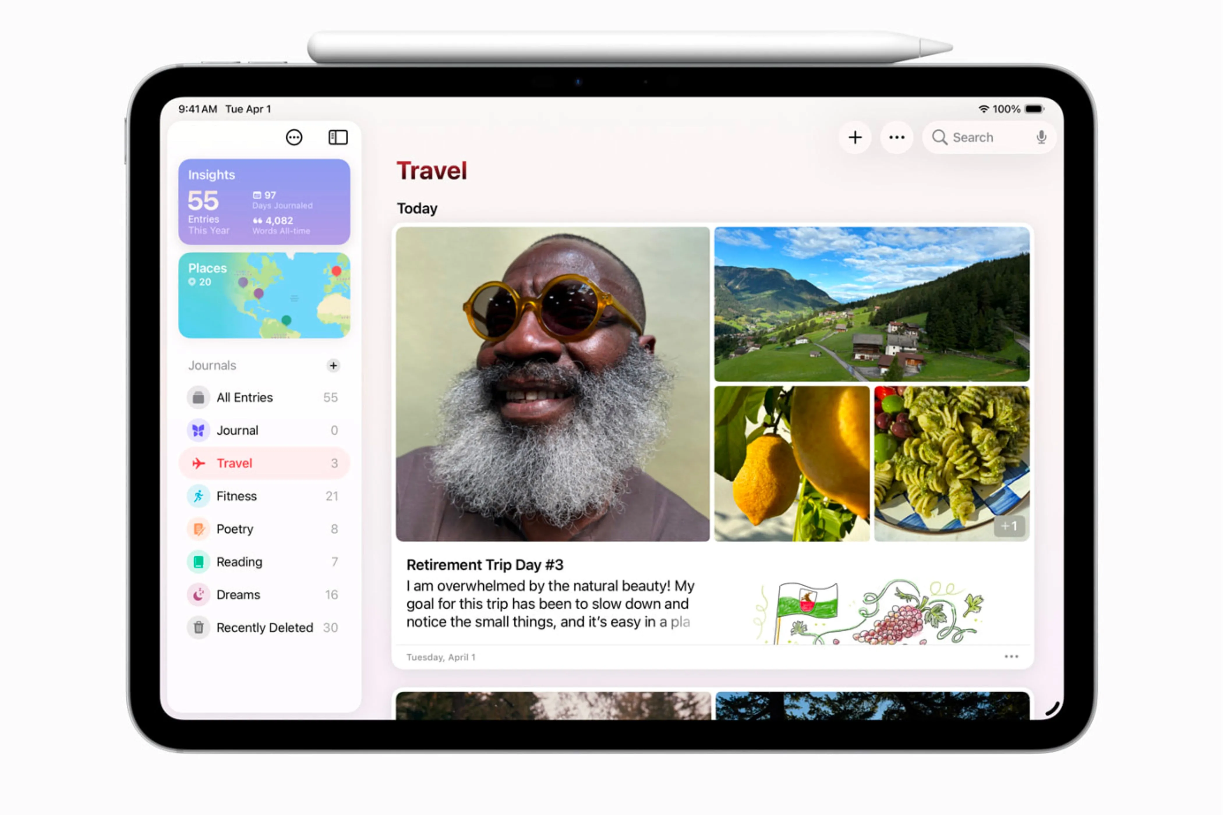 Ứng dụng Journal của Apple trên iPadOS 26 với tính năng ghi chú bằng Apple Pencil, tối ưu trải nghiệm ghi nhật ký trên màn hình lớn.