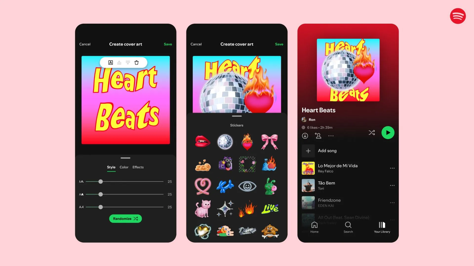 Ứng dụng Spotify hiển thị giao diện tùy chỉnh playlist Valentine