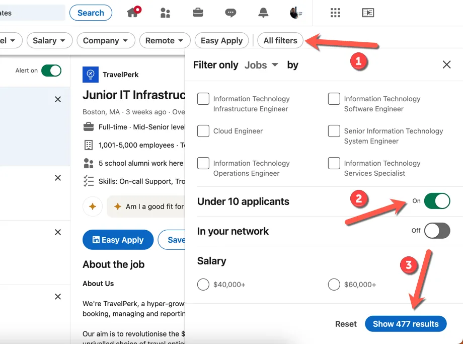 Ví dụ tìm kiếm việc làm LinkedIn với các bước áp dụng bộ lọc &quot;Dưới 10 ứng viên&quot; để tăng cơ hội cạnh tranh