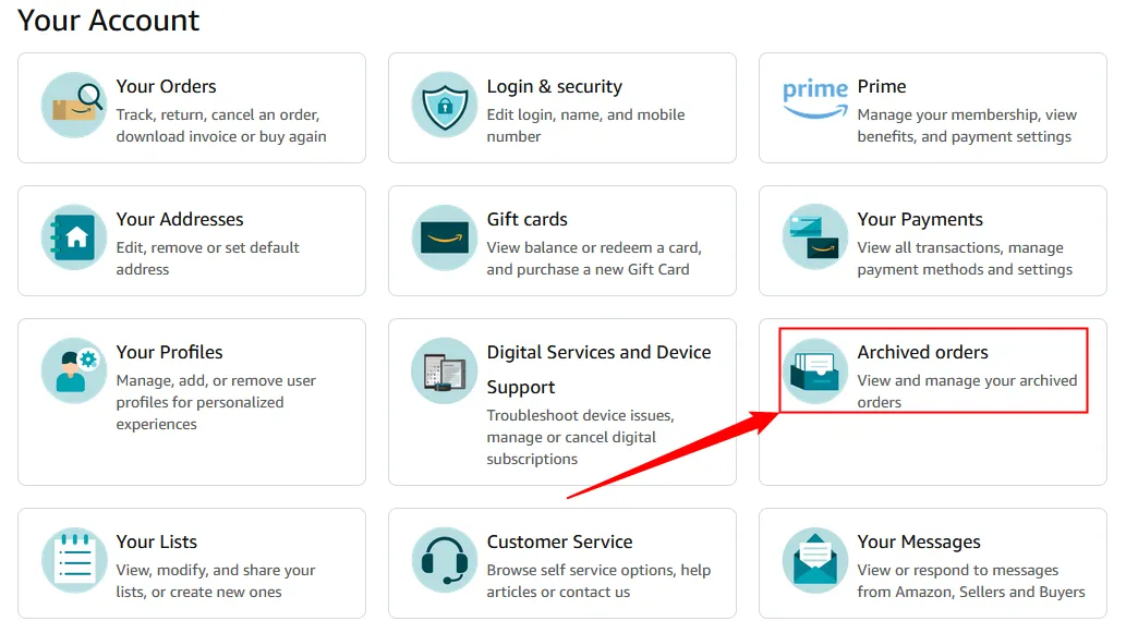 Vị trí mục &quot;Archived Orders&quot; trong phần &quot;Tài khoản của bạn&quot; trên Amazon.