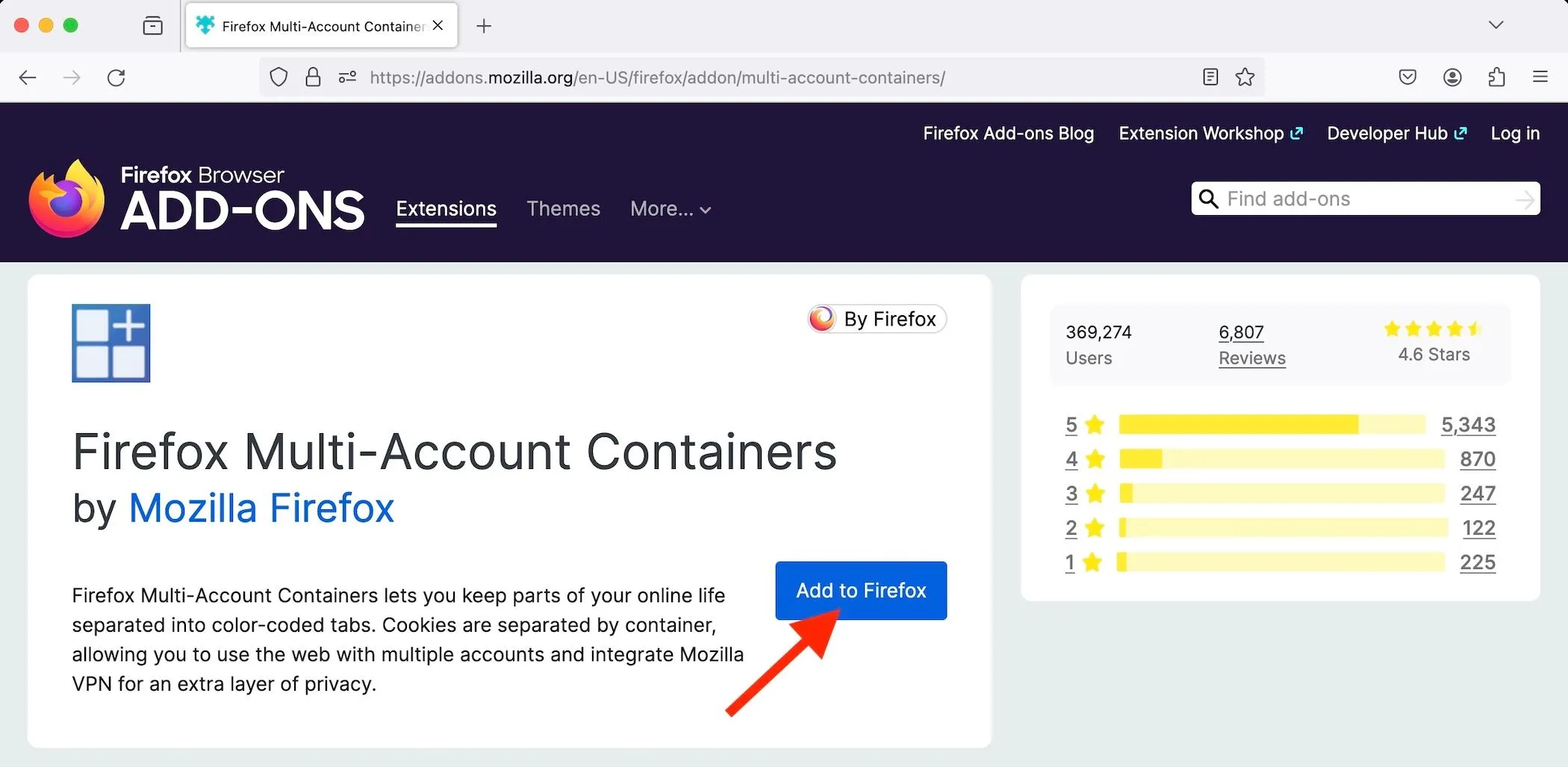 Vị trí nút "Add to Firefox" để cài đặt tiện ích Multi-Account Containers