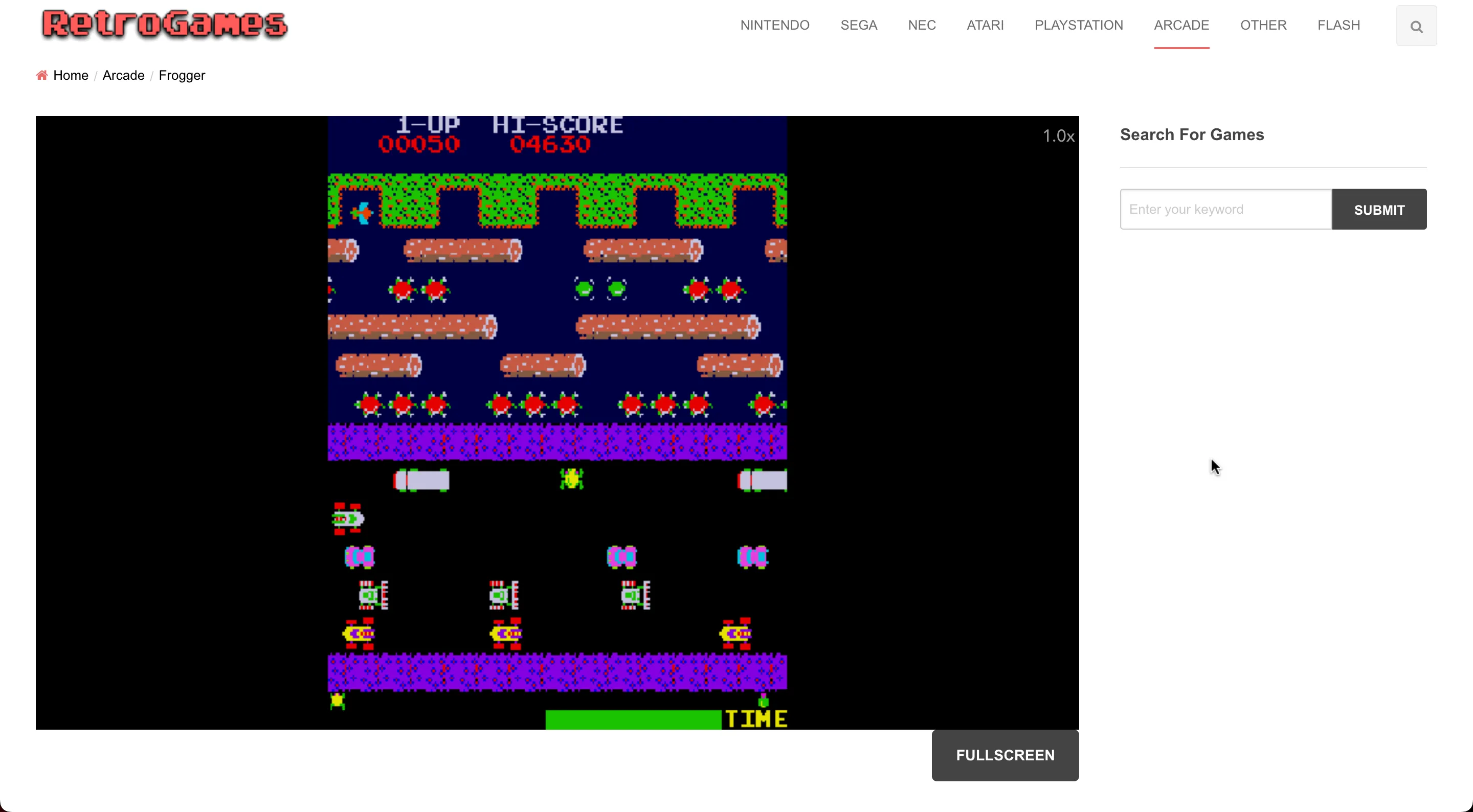 Website RetroGames với game Frogger cổ điển