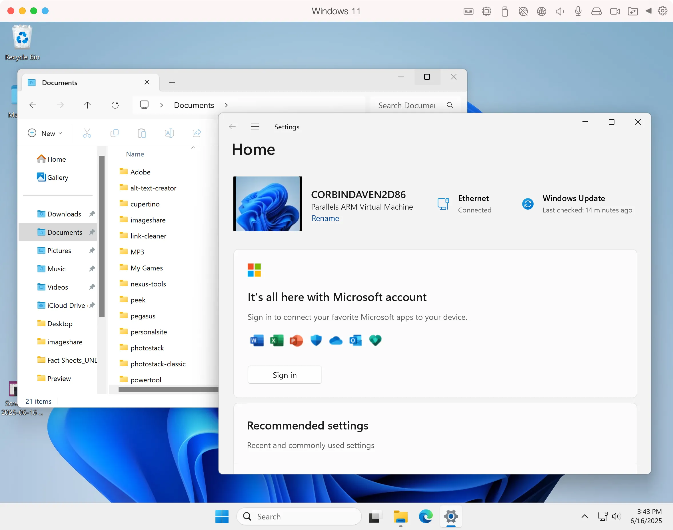 Windows 11 ARM trên Parallels Desktop hiển thị File Explorer và Cài đặt, cho thấy khả năng chạy hệ điều hành Windows đầy đủ trên Mac