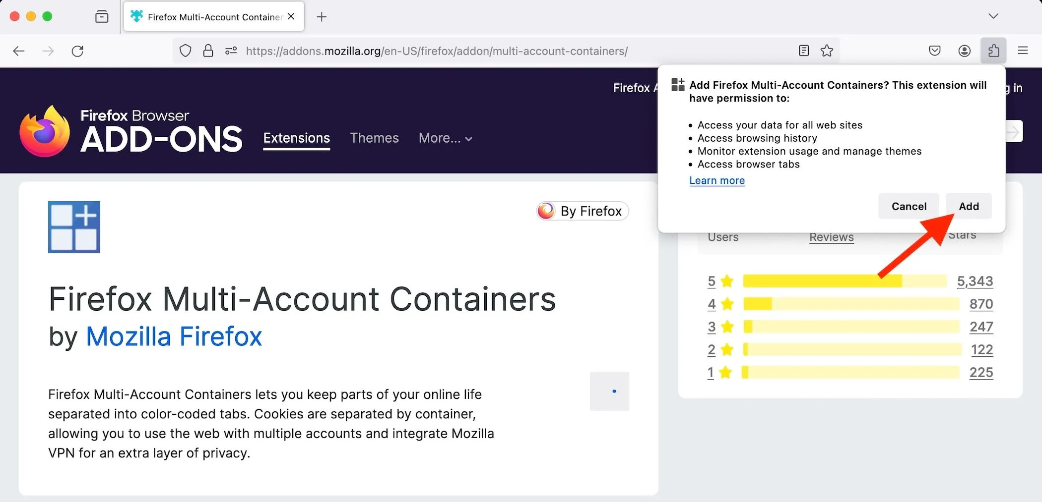 Xác nhận thêm tiện ích Firefox Multi-Account Containers vào trình duyệt
