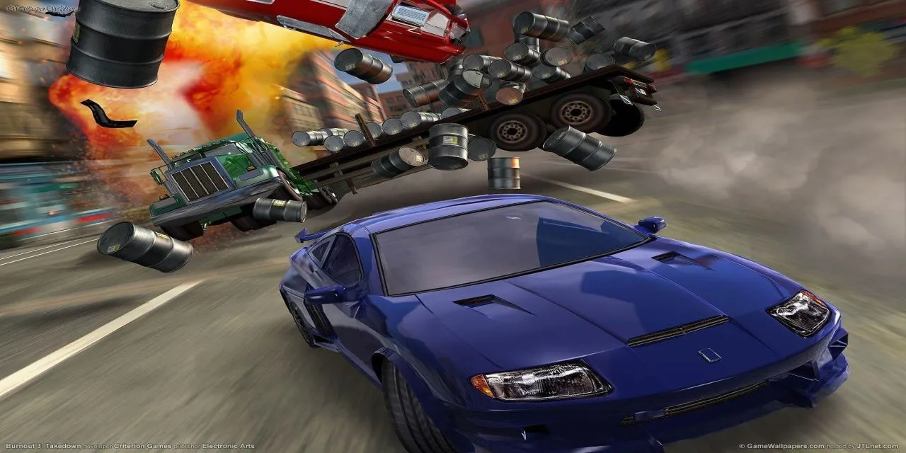 Xe đua lao vun vút trên đường trong Burnout 3: Takedown, với đồ họa và cảm giác tốc độ đặc trưng.