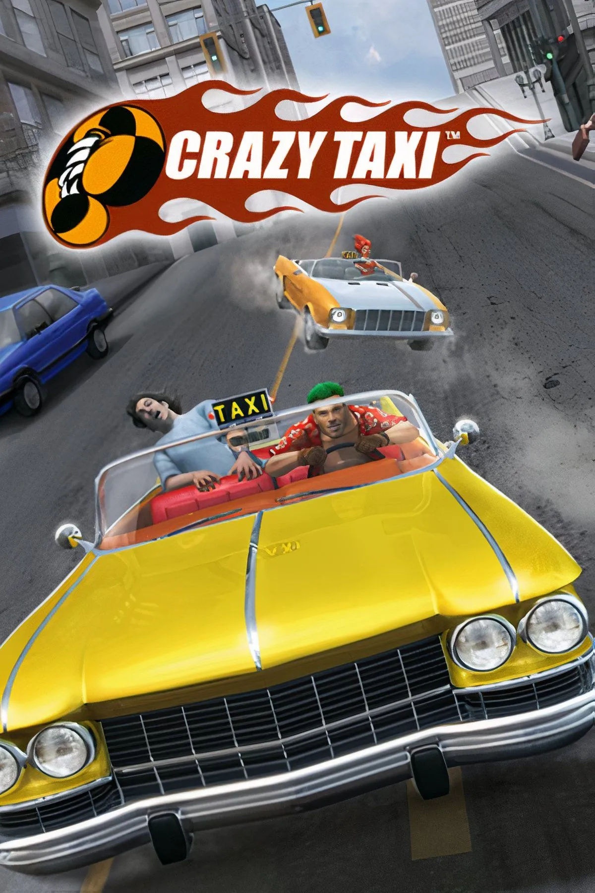 Xe taxi màu vàng lao qua đường phố nhộn nhịp trong Crazy Taxi, một game đua xe arcade mang tính biểu tượng.