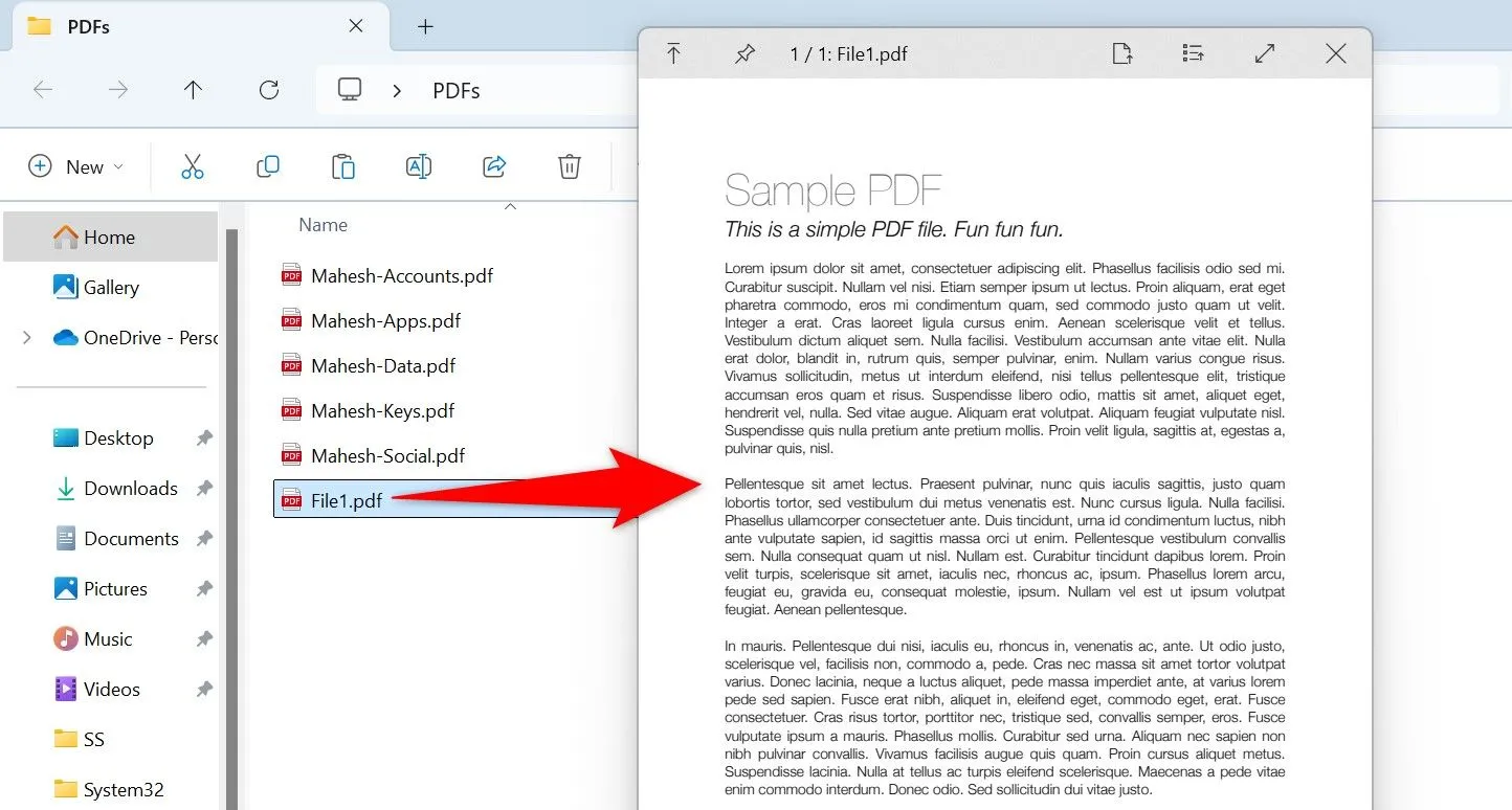 Xem trước tệp tin PDF nhanh chóng bằng ứng dụng QuickLook trên Windows 11.